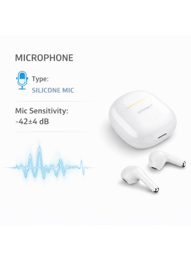 GRABIT G-TUNES MINI 2 True Wireless Earbuds (White) with Touch Control, 13mm Dynamic Drivers, Silicone Mic for Clear Calls, Up to 5H Playtime, 300mAh Type-C Charging Case & Comfortable Fit - Image 3